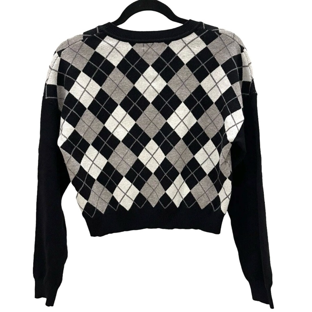Shein Womens S Argyle Sweater Drop Shoulder Gray Black - Picture 5 of 8